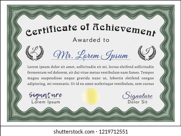 Green Certificate template or diploma template. Elegant design. Detailed. With guilloche pattern and background. 