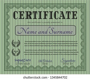 Green Certificate template or diploma template. Elegant design. Vector illustration. With great quality guilloche pattern. 