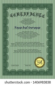 Green Certificate template or diploma template. Elegant design. Detailed. With background. 