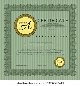 Green Certificate template or diploma template. Excellent design. Detailed. With guilloche pattern. 