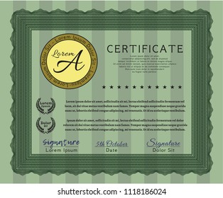 Green Certificate template or diploma template. Good design. With linear background. Detailed. 