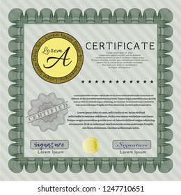 Green Certificate template or diploma template. Good design. With background. Detailed. 