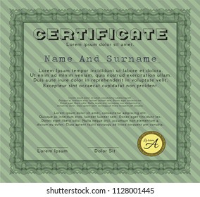 Green Certificate template or diploma template. With great quality guilloche pattern. Detailed. Sophisticated design. 