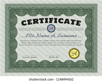 Green Certificate template or diploma template. With guilloche pattern and background. Customizable, Easy to edit and change colors. Money design. 