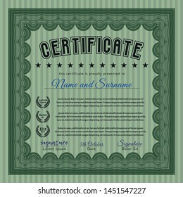 Green Certificate template or diploma template. With linear background. Superior design. Detailed. 