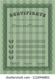 Green Certificate template or diploma template. Money style design. Detailed. With guilloche pattern. 