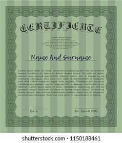 Green Certificate template or diploma template. Money style design. With guilloche pattern and background. Detailed. 