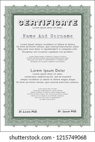 Green Certificate template or diploma template. Money design. Vector illustration. With guilloche pattern. 