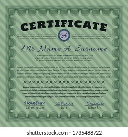 Green Certificate template or diploma template.  Money Pattern.  Printer friendly.  Vector illustration. 