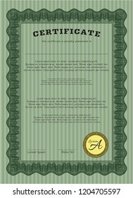 Green Certificate template or diploma template. Nice design. Detailed. With guilloche pattern and background. 
