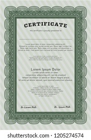 Green Certificate template or diploma template. Nice design. With linear background. Detailed. 