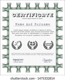 Green Certificate template or diploma template. Printer friendly. Money Pattern. Customizable, Easy to edit and change colors. 