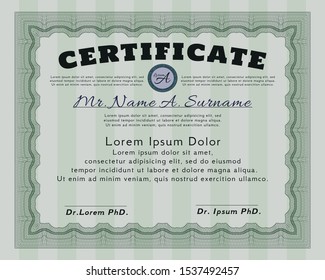 Green Certificate template or diploma template. Printer friendly. Money Pattern. Detailed. 