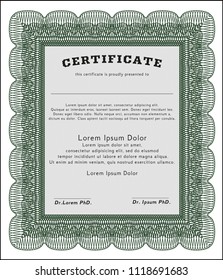 Green Certificate template or diploma template. Vector illustration. Complex background. Modern design. 