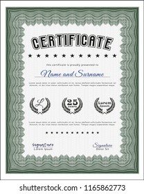 Green Certificate template or diploma template. Vector illustration. Easy to print. Excellent design. 