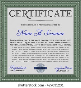 Green Certificate template or diploma template. Vector pattern that is used in currency and diplomas.Superior design. Complex background. 