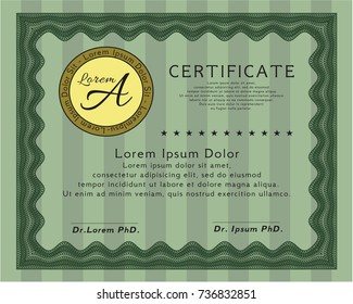 Green Certificate template or diploma template. Vector illustration. With guilloche pattern. Perfect design. 
