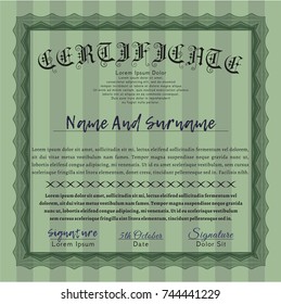 Green Certificate template or diploma template. Vector illustration. Complex background. Cordial design. 