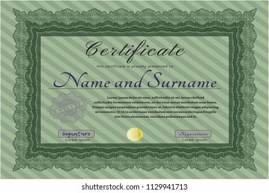 Green Certificate template. With great quality guilloche pattern. Retro design. Detailed. 