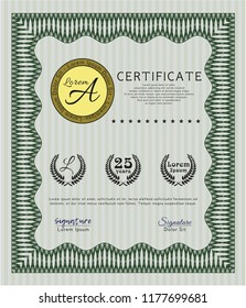 Green Certificate template. With great quality guilloche pattern. Detailed. Elegant design. 