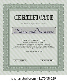 Green Certificate template. With great quality guilloche pattern. Beauty design. Vector illustration. 