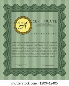Green Certificate template. With great quality guilloche pattern. Vector illustration. Modern design. 