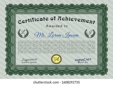 Green Certificate template. With great quality guilloche pattern. Vector illustration. Retro design. 
