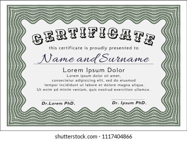 Green Certificate template. With guilloche pattern. Modern design. Vector illustration. 