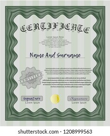 Green Certificate template. With guilloche pattern and background. Artistry design. Vector illustration. 