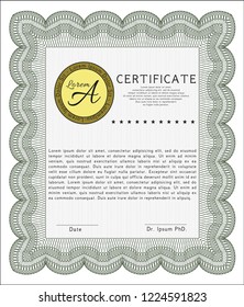 Green Certificate template. With guilloche pattern and background. Money style design. Vector illustration. 