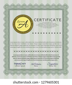 Green Certificate template. With guilloche pattern and background. Elegant design. Vector illustration. 