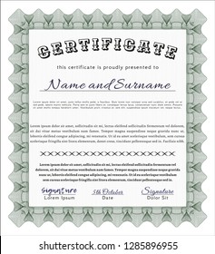 Green Certificate template. With guilloche pattern and background. Vector illustration. Superior design. 
