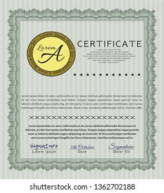 Green Certificate template. With guilloche pattern. Elegant design. Vector illustration. 