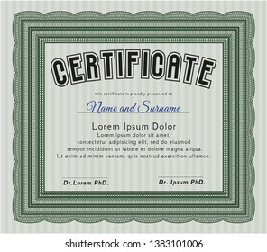 Green Certificate template. With guilloche pattern and background. Artistry design. Vector illustration. 
