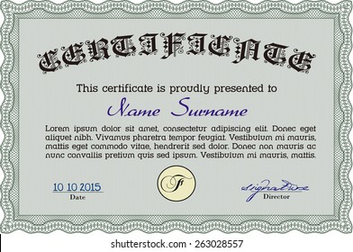 Green certificate template. Horizontal style with sample text.