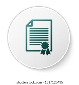 Green Certificate template icon isolated on white background. Degree icon. Achievement, award, grant, diploma concepts. Business success certificate. Green circle button. Vector Illustration