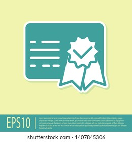 Green Certificate template icon isolated on yellow background. Achievement, award, degree, grant, diploma concepts. Business success certificate. Vector Illustration