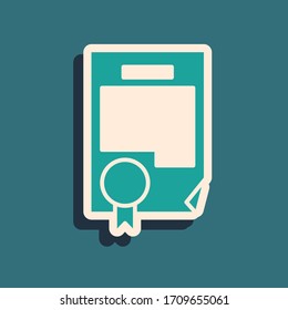 Green Certificate template icon isolated on green background. Achievement, award, degree, grant, diploma. Business success certificate. Long shadow style. Vector Illustration