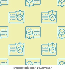 Green Certificate template line icon isolated seamless pattern on yellow background. Achievement, award, degree, grant, diploma concepts. Business success certificate. Vector Illustration