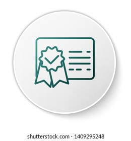 Green Certificate template line icon isolated on white background. Achievement, award, degree, grant, diploma concepts. Business success certificate. White circle button. Vector Illustration