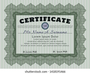 Green Certificate template. With linear background. Sophisticated design. Detailed. 