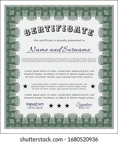 Green Certificate template. Money Pattern design. With complex linear background. Detailed. 