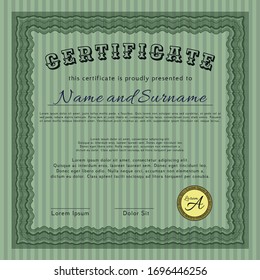 Green Certificate template. Money Pattern design. With guilloche pattern. Detailed. 