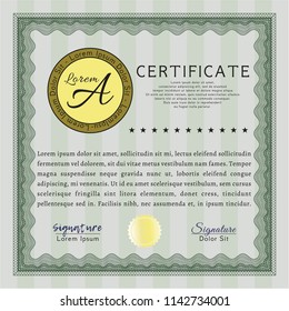 Green Certificate template. Money style design. With great quality guilloche pattern. Detailed. 