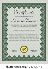 Green Certificate template. Money style design. With complex linear background. Vector illustration. 
