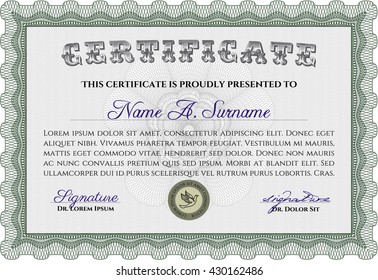 Green Certificate template. Nice design. Detailed. Printer friendly. 