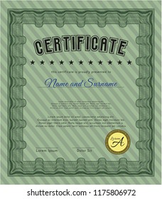 Green Certificate template. Perfect design. With guilloche pattern and background. Vector illustration. 