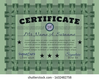 Green Certificate template. Perfect design. Vector illustration. With linear background. 
