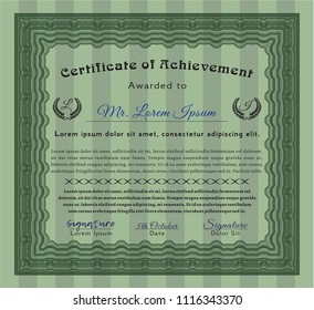 Green Certificate template. Vector illustration. With guilloche pattern and background. Modern design. 