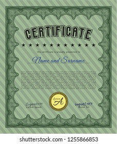 Green Certificate template. Vector illustration. With background. Artistry design. 